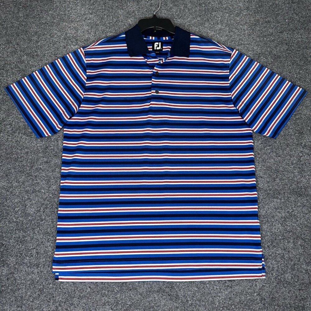 Footjoy Polo Shirt Men L Red Blue Striped Golf FJ Performance Short Sleeve Adult